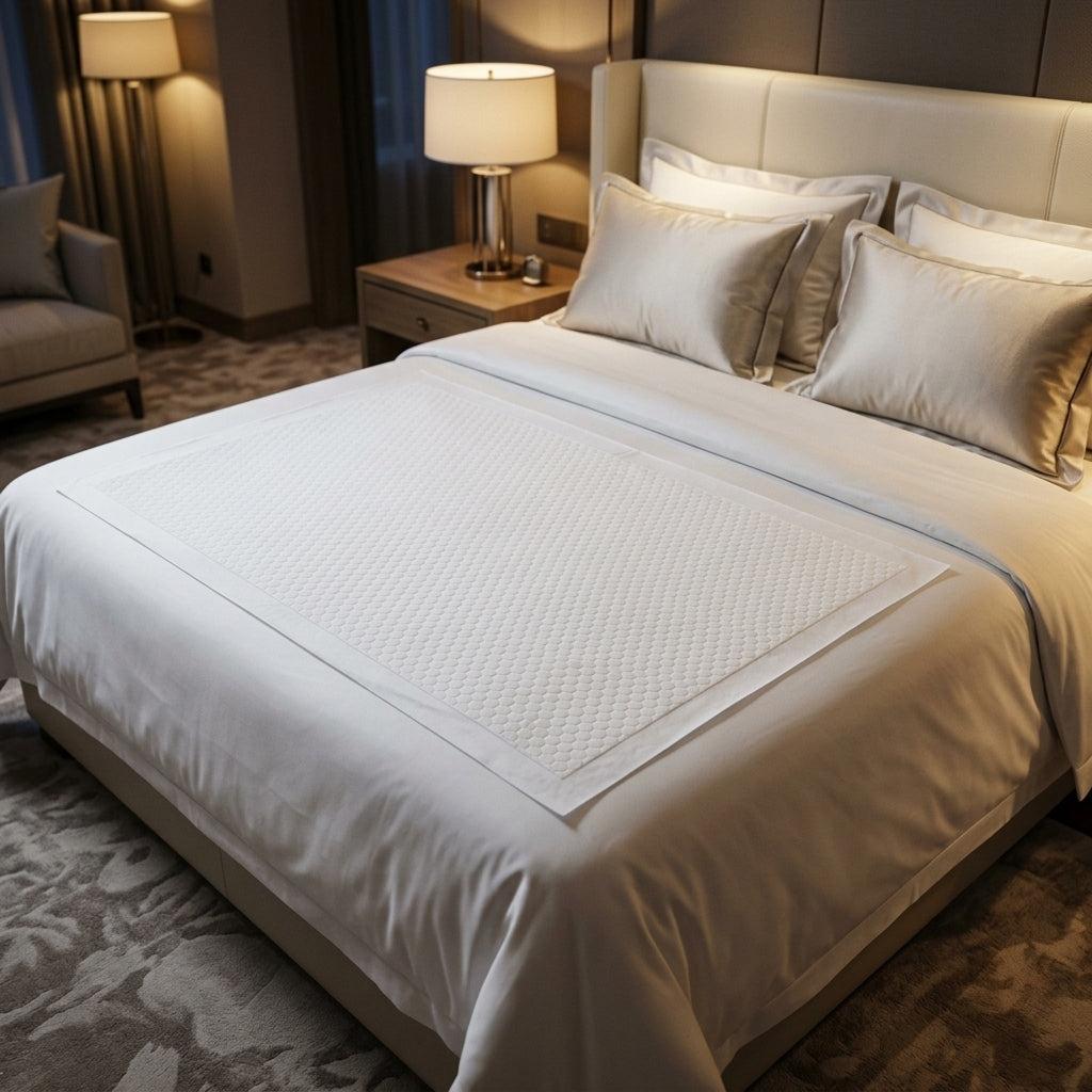 INTIMATT disposable bed protector pad on a made hotel bed